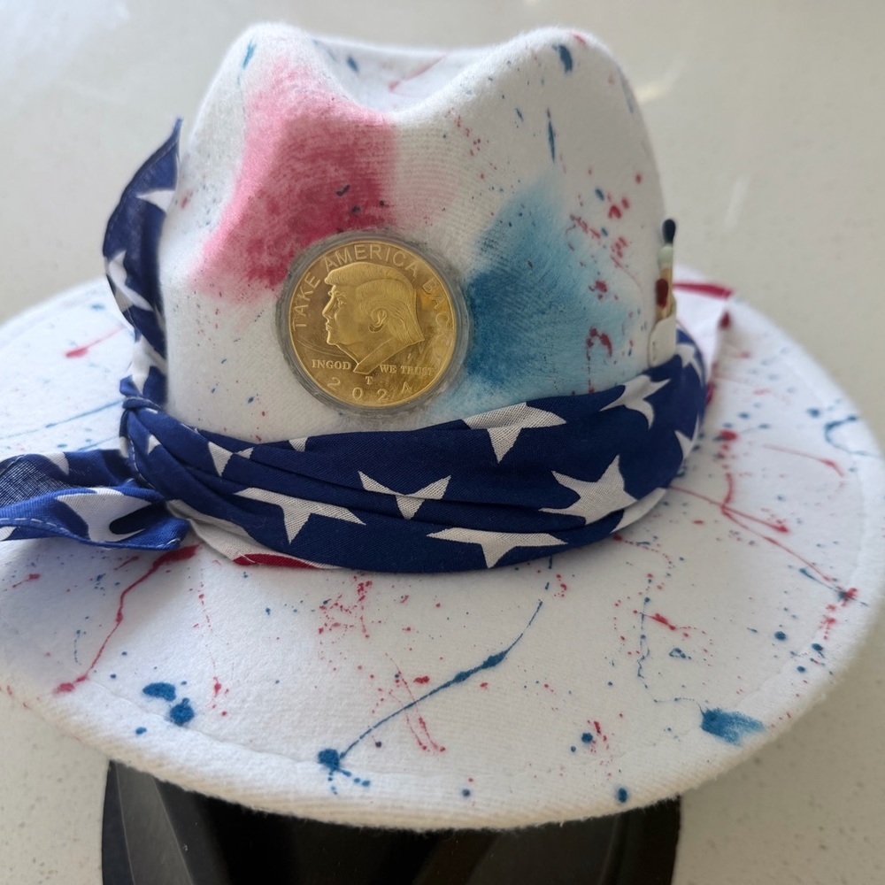 Custom White Patriotic Star Band Fedora Hat with Red & Blue Splatter